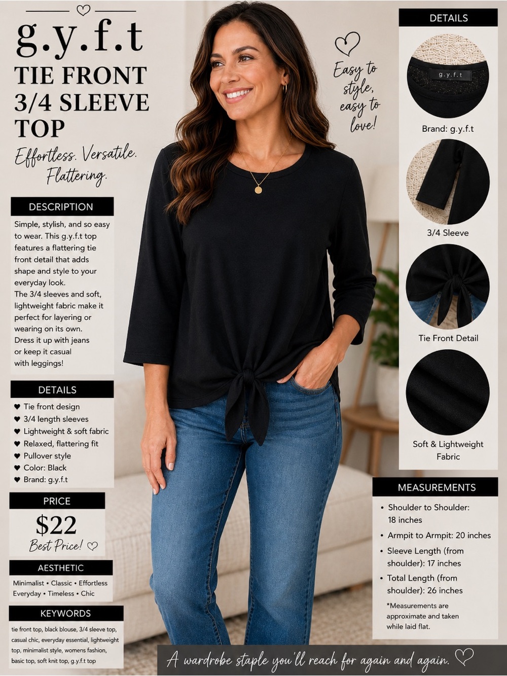Women's Black Tie-Front Blouse - Unbranded
